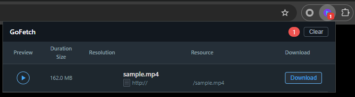 The GoFetch popup lists the video resources captured on the current page.