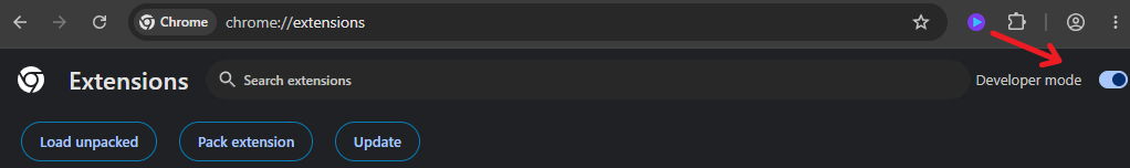 The Developer mode toggle in the top-right corner of the extensions page